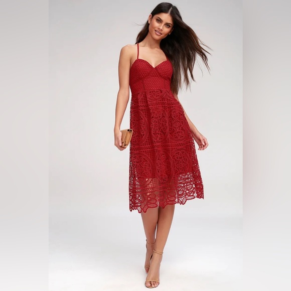 Lulu’s Real Life Dream Berry Red Lace Midi Dress - Picture 2 of 13